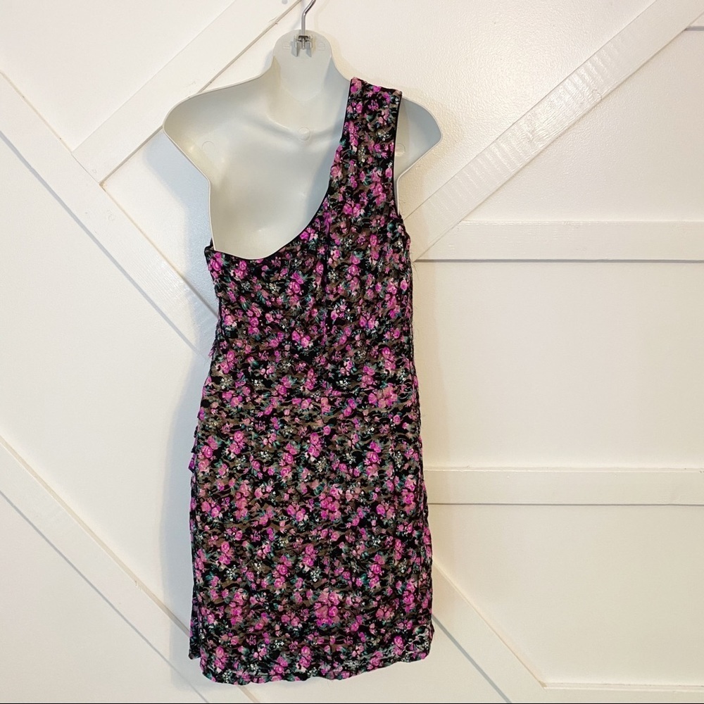 Dress The Population Marie Floral Chiffon One Shoulder Sheath Mini Dress L - Picture 7 of 13